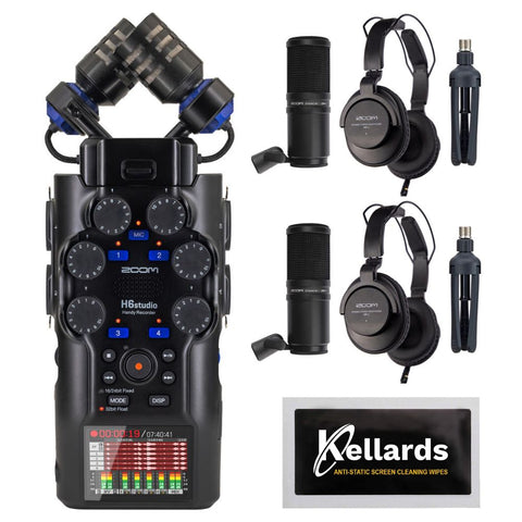 Mother Mantis: Zoom H6studio 6-Track Handy Recorder with 32-Bit Float Recording Bundle with Zoom ZDM-1 Podcast Mic Pack w/ Headphones Windscreen XLR Tabletop Stand (2 Pack), Anti-Static Screen Cleaning Wipes 5-Pack Zoom