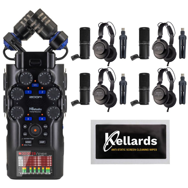 Zoom H6studio 6-Track Handy Recorder with 32-Bit Float Recording Bundle with Zoom ZDM-1 Podcast Mic Pack w/ Headphones Windscreen XLR Tabletop Stand (4 Pack), Anti-Static Screen Cleaning Wipes 5-Pack