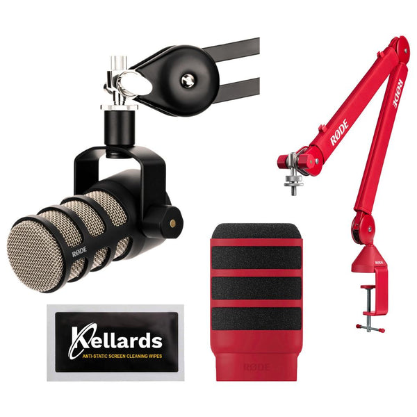 Rode PodMic Dynamic Microphone Bundle with RODE PSA1+ Professional Studio Arm (Red), RODE WS14 Red, XLR- XLR Cable, Anti-Static Screen Cleaning Wipes (5-Pack)