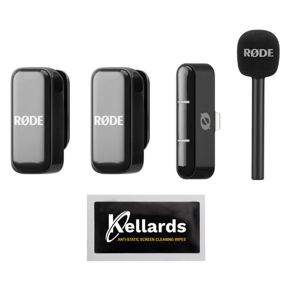 RODE Wireless Micro 2-Person Ultracompact Wireless Microphone 2.4 GHz, Black Bundle with Rode Interview GO Handheld Mic Adapter for the Wireless GO, Anti-Static Screen Cleaning Wipes (5-Pack)