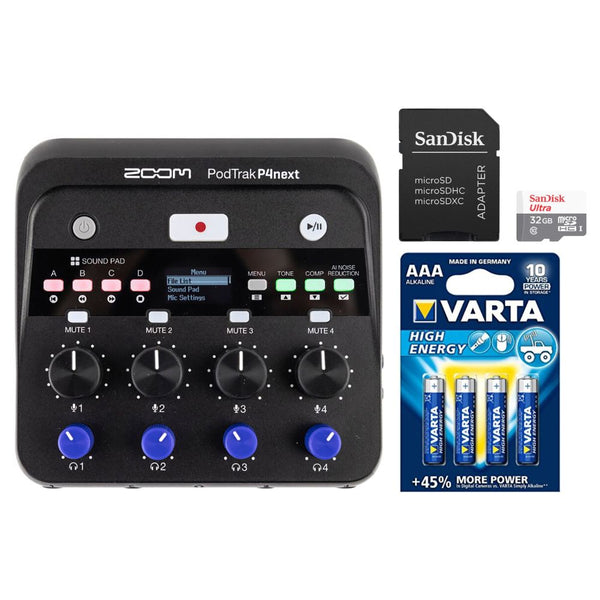 Zoom PodTrak P4next Portable Multitrack Podcast Recorder Bundle with SanDisk 32GB Ultra UHS-I microSDHC Memory Card with SD Adapter, Varta High-Energy 1.5V AA LR6 Alkaline Battery (4-Pack)