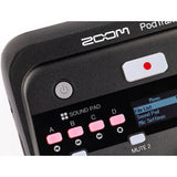 Zoom PodTrak P4next Portable Multitrack Podcast Recorder Bundle with 32GB microSD card, AAA batteries, ZDM-1 mic pack, headphones, and Tabletop Stand