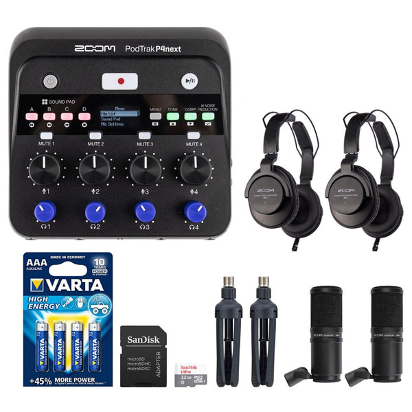 Zoom PodTrak P4next Portable Multitrack Podcast Recorder Bundle with 32GB microSD card, AAA batteries, ZDM-1 mic pack, headphones, and Tabletop Stand (2 Pack)