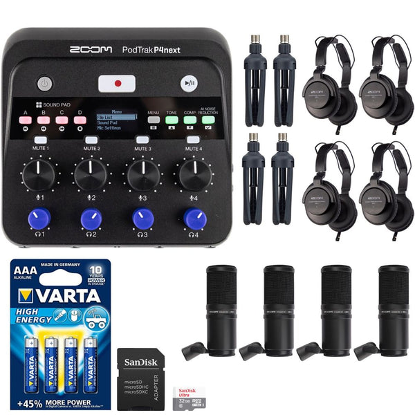 Zoom PodTrak P4next Portable Multitrack Podcast Recorder Bundle with 32GB microSD card, AAA batteries, ZDM-1 mic pack, headphones, and Tabletop Stand (4 Pack)