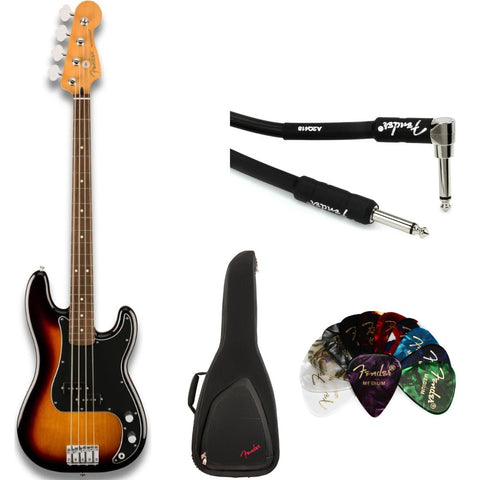 Fender Player II Precision Bass 3 color Sunburst w/ Rosewood Bundle with Fender Electric Guitar Bag Black, Fender Classic Celluloid Guitar Picks 12-Pack and 10ft Fender Instrument Cable Black