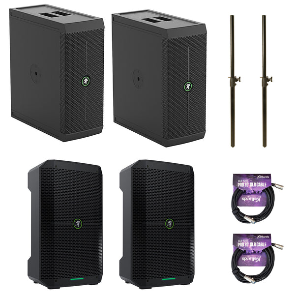 Mackie ThumpSub GO 8" 400W Battery-Powered Subwoofer & Thump GO 8" Bluetooth Loudspeakers (Pair) Bundle with 2x On-Stage Subwoofer Poles & 2x XLR-P20T Pro 20' Cables