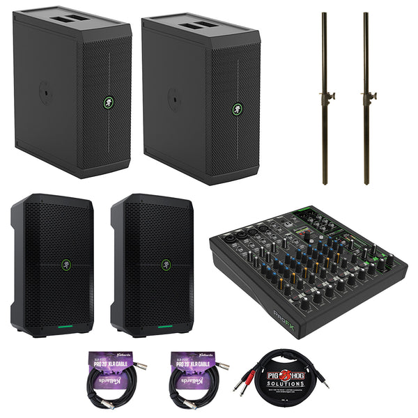 Mackie ThumpSub GO 8" 400W Battery-Powered Subwoofer & Thump GO 8" Bluetooth Loudspeakers (Pair) Bundle with ProFX10 GO Battery-Powered Audio Mixer, 2x Subwoofer Poles, 2x XLR Cables, 10' Stereo Cable