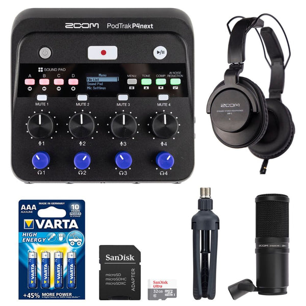 Zoom PodTrak P4next Portable Multitrack Podcast Recorder Bundle with 32GB microSD card, AAA batteries, ZDM-1 mic pack, headphones, and Tabletop Stand
