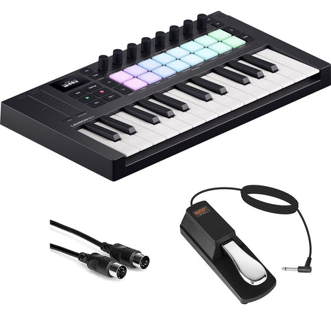 Novation Launchkey Mini 25 MK4 USB MIDI Keyboard Controller (25 Mini Keys) Bundle with Auray FP-P1L Universal Piano-Style Sustain Pedal and Hosa Mid-310 Black 10 ft. Midi cable