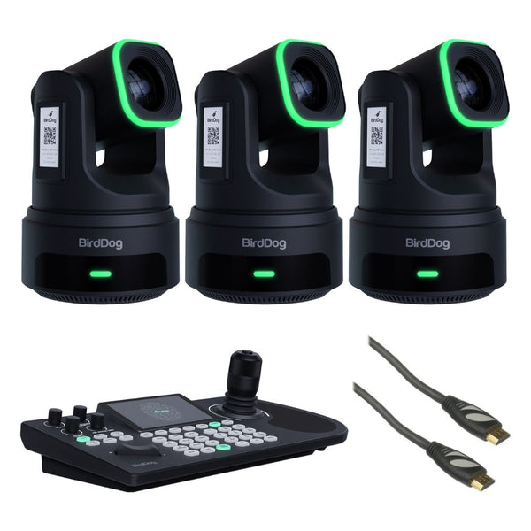 BirdDog X4E Ultra PTZ Camera with AI Tracking Black (3 Pack) Bundle with BirdDog KBD PTZ Controller with Integrated Screen, Pearstone Standard Series HDMI to HDMI High-Speed Ethernet Cable - Black, 6'