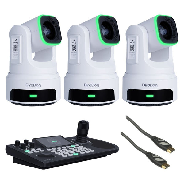 BirdDog X4E Ultra PTZ Camera with AI Tracking White (3 Pack) Bundle with BirdDog KBD PTZ Controller with Integrated Screen, Pearstone Standard Series HDMI to HDMI High-Speed Ethernet Cable - Black, 6'
