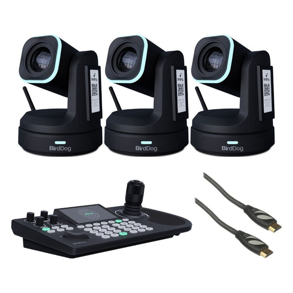 BirdDog X1 PTZ Camera with 30x Optical Zoom (Black) (3 Pack) Bundle with BirdDog KBD PTZ Controller with Integrated Screen, Pearstone Standard Series HDMI to HDMI High-Speed Ethernet Cable - Black, 6'