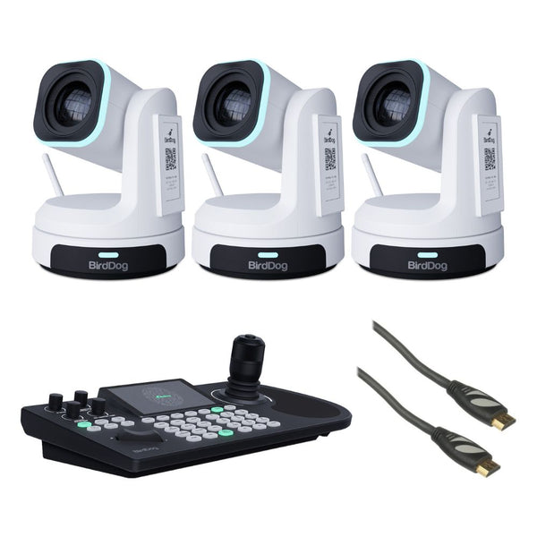 BirdDog X1 PTZ Camera with 30x Optical Zoom (White) (3 Pack) Bundle with BirdDog KBD PTZ Controller with Integrated Screen, Pearstone Standard Series HDMI to HDMI High-Speed Ethernet Cable - Black, 6'