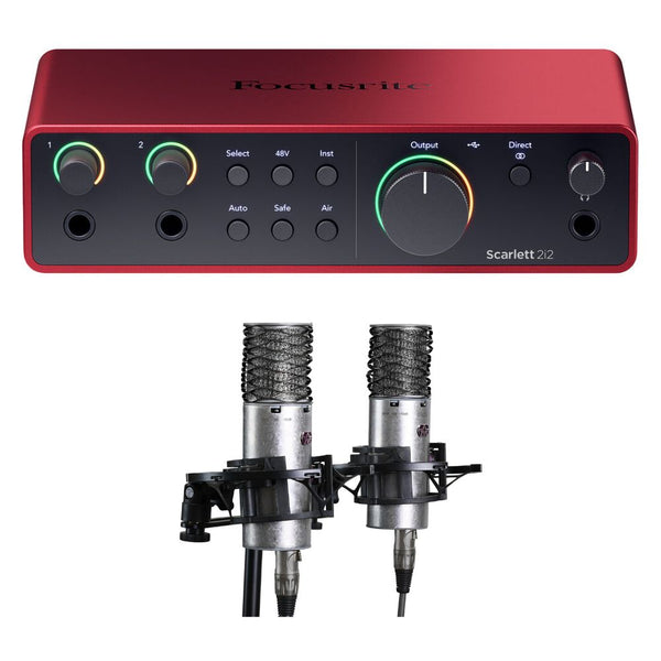 Focusrite Scarlett 2i2 Audio Interface + Aston Spirit Stereo Pair Microphones Bundle – USB Recording Kit for Home Studio, Podcasting & Vocal Recording