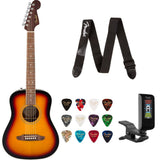 Fender California Standard Redondo Mini with Bag Spruce Sunburst Bundle with Fender Celluloid Guitar Picks, Color Medley Medium 12-Pack, Fender Logo Guitar Strap 2in Logo, Fender Original Tuner Black