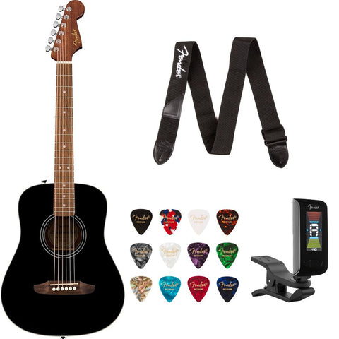 Mother Mantis: Fender California Standard Redondo Mini with Bag Spruce Top Black Bundle with Fender Celluloid Guitar Picks, Color Medley Medium 12-Pack, Fender Logo Guitar Strap 2in Logo, Fender Original Tuner Black Fender