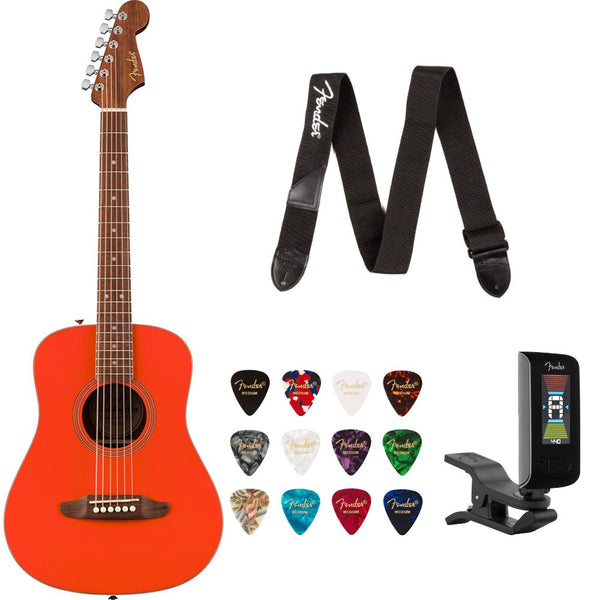 Fender California Standard Redondo Mini with Bag Spruce Top Red Bundle with Fender Celluloid Guitar Picks, Color Medley Medium 12-Pack, Fender Logo Guitar Strap 2in Logo, Fender Original Tuner Black