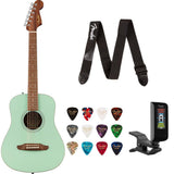 Fender California Standard Redondo Mini with Bag Spruce Green Bundle with Fender Celluloid Guitar Picks, Color Medley Medium 12-Pack, Fender Logo Guitar Strap 2in Logo, Fender Original Tuner Black