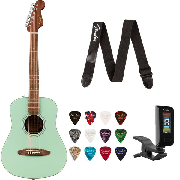 Fender California Standard Redondo Mini with Bag Spruce Green Bundle with Fender Celluloid Guitar Picks, Color Medley Medium 12-Pack, Fender Logo Guitar Strap 2in Logo, Fender Original Tuner Black