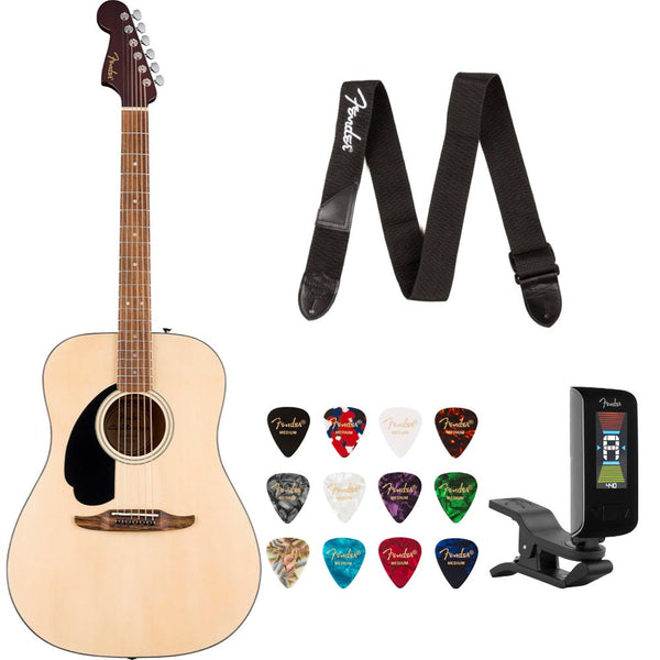 Fender California Standard Redondo Left-Handed Spruce Top Natural Bundle with Fender Celluloid Guitar Picks, Color Medley Medium 12-Pack, Fender Logo Guitar Strap 2in Logo, Fender Original Tuner Black
