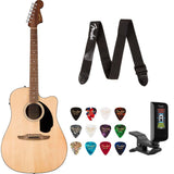 Fender California Standard Redondo CE Top Black Pickguard Natural Bundle with Fender Celluloid Guitar Picks, Color Medley Medium 12-Pack, Fender Logo Guitar Strap 2in Logo, Fender Original Tuner Black