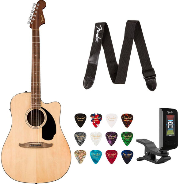 Fender California Standard Redondo CE Top Black Pickguard Natural Bundle with Fender Celluloid Guitar Picks, Color Medley Medium 12-Pack, Fender Logo Guitar Strap 2in Logo, Fender Original Tuner Black