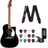 Fender California Standard Redondo CE Spruce Top Pickguard Black Bundle with Fender Celluloid Guitar Picks, Color Medley Medium 12-Pack, Fender Logo Guitar Strap 2in Logo, Fender Original Tuner Black