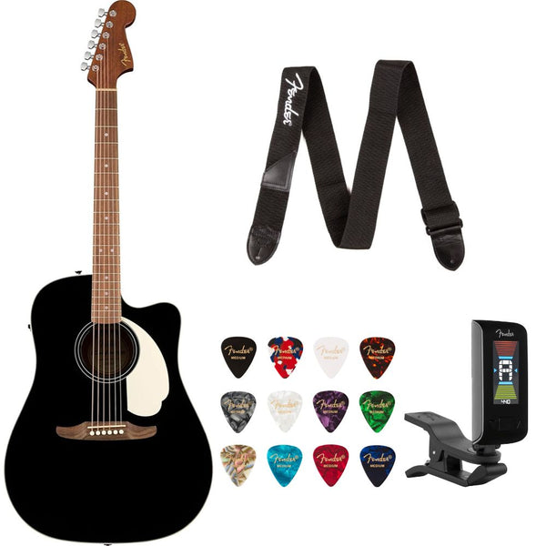 Fender California Standard Redondo CE Spruce Top Pickguard Black Bundle with Fender Celluloid Guitar Picks, Color Medley Medium 12-Pack, Fender Logo Guitar Strap 2in Logo, Fender Original Tuner Black