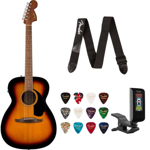 Fender California Standard Monterey E Spruce Top 3-Color Sunburst Bundle with Fender Celluloid Guitar Picks, Color Medley Medium 12-Pack, Fender Logo Guitar Strap 2in Logo, Fender Original Tuner Black