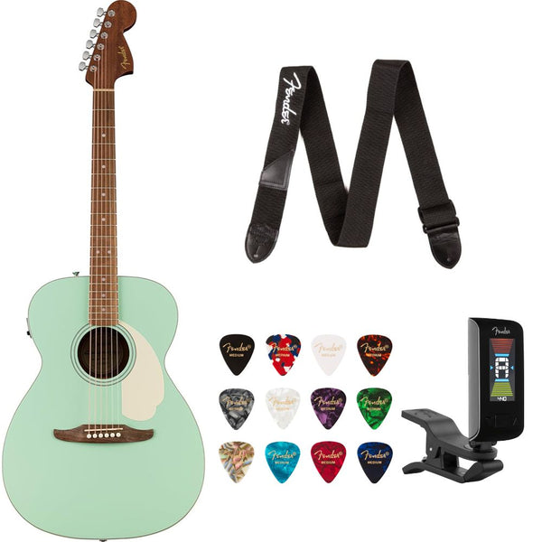 Fender California Standard Monterey E Spruce Top Ivory Surf Green Bundle with Fender Celluloid Guitar Picks, Color Medley Medium 12-Pack, Fender Logo Guitar Strap 2in Logo, Fender Original Tuner Black