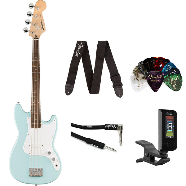Fender Squier Sonic Bronco Bass Guitar, Daphne Blue, Laurel Fingerboard Bundle with Fender Classic Celluloid Guitar Picks, Guitar Strap, Original Tuner and Professional Series Instrument Cable