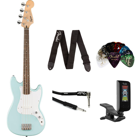 Fender Squier Sonic Bronco Bass Guitar, Daphne Blue, Laurel Fingerboard Bundle with Fender Classic Celluloid Guitar Picks, Guitar Strap, Original Tuner and Professional Series Instrument Cable