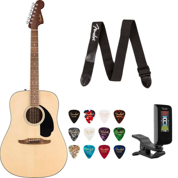 Fender California Standard Redondo Spruce Top Black Natural Bundle with Fender Celluloid Guitar Picks, Color Medley Medium 12-Pack, Fender Logo Guitar Strap 2in Logo, Fender Original Tuner Black