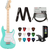 Fender Squier Mini Stratocaster Electric Guitar Sea Foam Green Bundle with Guitar Picks Medley Medium 12-Pack, Guitar Strap 2in Logo, Original Tuner Black, Professional Series Instrument Cable Black