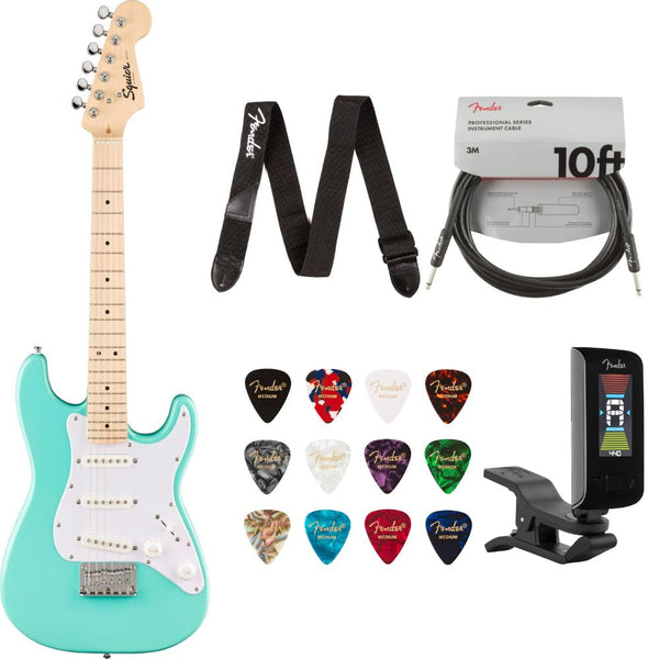 Fender Squier Mini Stratocaster Electric Guitar Sea Foam Green Bundle with Guitar Picks Medley Medium 12-Pack, Guitar Strap 2in Logo, Original Tuner Black, Professional Series Instrument Cable Black