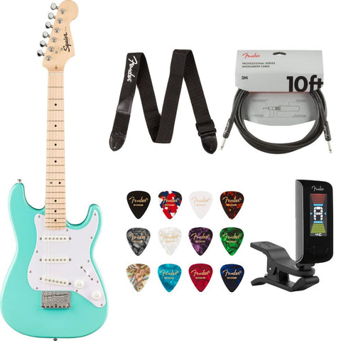 Fender Squier Mini Stratocaster Electric Guitar Sea Foam Green Bundle with Guitar Picks Medley Medium 12-Pack, Guitar Strap 2in Logo, Original Tuner Black, Professional Series Instrument Cable Black