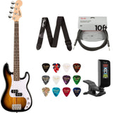 Fender Squier Mini Precision Bass Guitar 2-Color Sunburst Bundle with Guitar Picks Medley Medium 12-Pack, Guitar Strap 2in Logo, Original Tuner Black, Professional Series Instrument Cable Black
