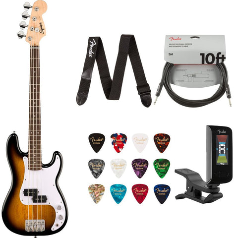 Fender Squier Mini Precision Bass Guitar 2-Color Sunburst Bundle with Guitar Picks Medley Medium 12-Pack, Guitar Strap 2in Logo, Original Tuner Black, Professional Series Instrument Cable Black