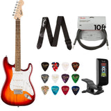 Fender Squier Sonic Stratocaster Electric Guitar Sienna Sunburst Bundle with Guitar Picks Medley Medium 12-Pack, Guitar Strap 2in Logo, Original Tuner Black, Professional Series Instrument Cable Black