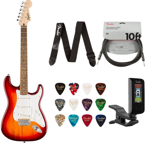 Fender Squier Sonic Stratocaster Electric Guitar Sienna Sunburst Bundle with Guitar Picks Medley Medium 12-Pack, Guitar Strap 2in Logo, Original Tuner Black, Professional Series Instrument Cable Black