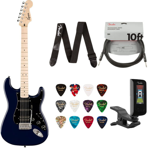 Fender Squier Sonic Stratocaster Electric Guitar Midnight Blue Bundle with Guitar Picks Medley Medium 12-Pack, Guitar Strap 2in Logo, Original Tuner Black, Professional Series Instrument Cable Black