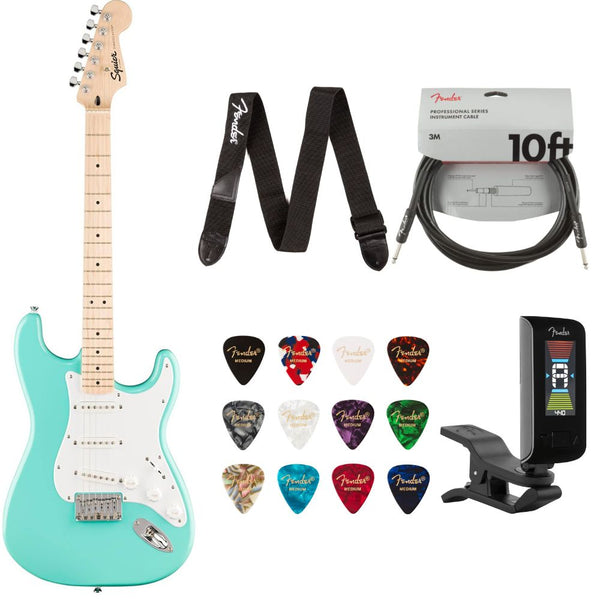 Fender Squier Sonic Stratocaster HT Guitar Sea Foam Green Bundle with Guitar Picks Medley Medium 12-Pack, Guitar Strap 2in Logo, Original Tuner Black, Professional Series Instrument Cable Black