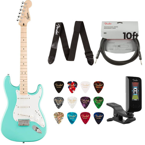 Fender Squier Sonic Stratocaster HT Guitar Sea Foam Green Bundle with Guitar Picks Medley Medium 12-Pack, Guitar Strap 2in Logo, Original Tuner Black, Professional Series Instrument Cable Black