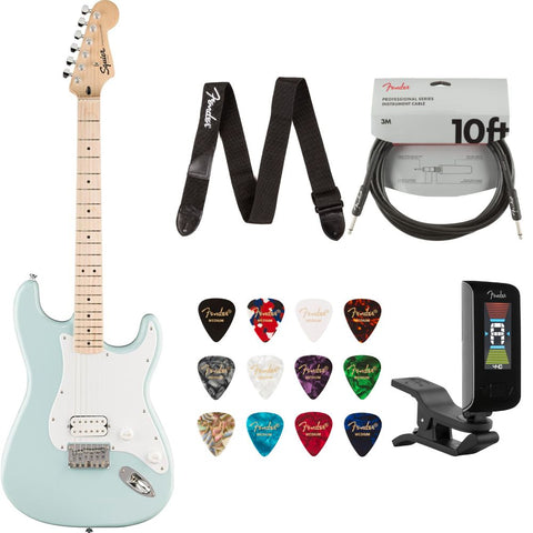 Fender Squier Sonic Stratocaster HT H Electric Guitar Sonic Blue Bundle with Guitar Picks Medley Medium 12-Pack, Guitar Strap 2in Logo, Original Tuner Black, Professional Series Instrument Cable Black