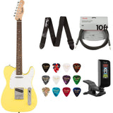 Fender Squier Sonic Telecaster Electric Guitar Canary Yellow Bundle with Guitar Picks Medley Medium 12-Pack, Guitar Strap 2in Logo, Original Tuner Black, Professional Series Instrument Cable Black