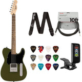 Fender Squier Sonic Esquire H Electric Guitar Olive Laurel Bundle with Guitar Picks Medley Medium 12-Pack, Guitar Strap 2in Logo, Original Tuner Black, Professional Series Instrument Cable Black