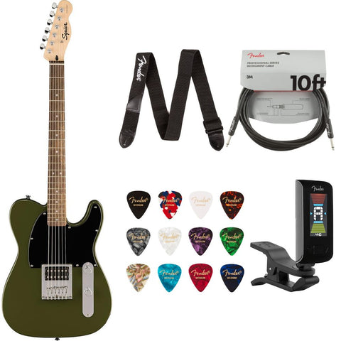 Fender Squier Sonic Esquire H Electric Guitar Olive Laurel Bundle with Guitar Picks Medley Medium 12-Pack, Guitar Strap 2in Logo, Original Tuner Black, Professional Series Instrument Cable Black