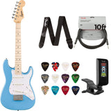 Fender Squier Mini Stratocaster Electric Guitar California Blue Bundle with Guitar Picks Medley Medium 12-Pack, Guitar Strap 2in Logo, Original Tuner Black, Professional Series Instrument Cable Black