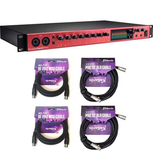 Focusrite Clarett+ 8Pre Rackmount 18x20 USB-C Audio/MIDI Interface Bundle with Kellards MID-P10T Pro MIDI to MIDI Cable 10 Feet (2 Pack), Kellards XLR-P20T Pro 20 ft XLR Microphone Cable (2 Pack)