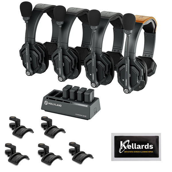 Hollyland Solidcom SE Global 4S 4-Person Full-Duplex Single-Ear Noise-Canceling Headset Intercom System (2.4 GHz) Bundle with Headphone Holder With Padded Cradle (4 pcs) and Cleaning cloth (5-Pack)